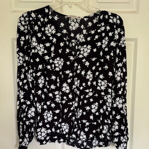 LOFT Black and White Floral Button-Front Blouse